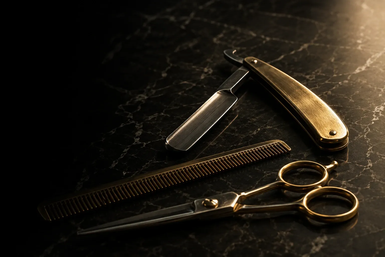 A gold straight razor, a comb, and a pair of shears laid on dark marble, lit warmly from the upper right.